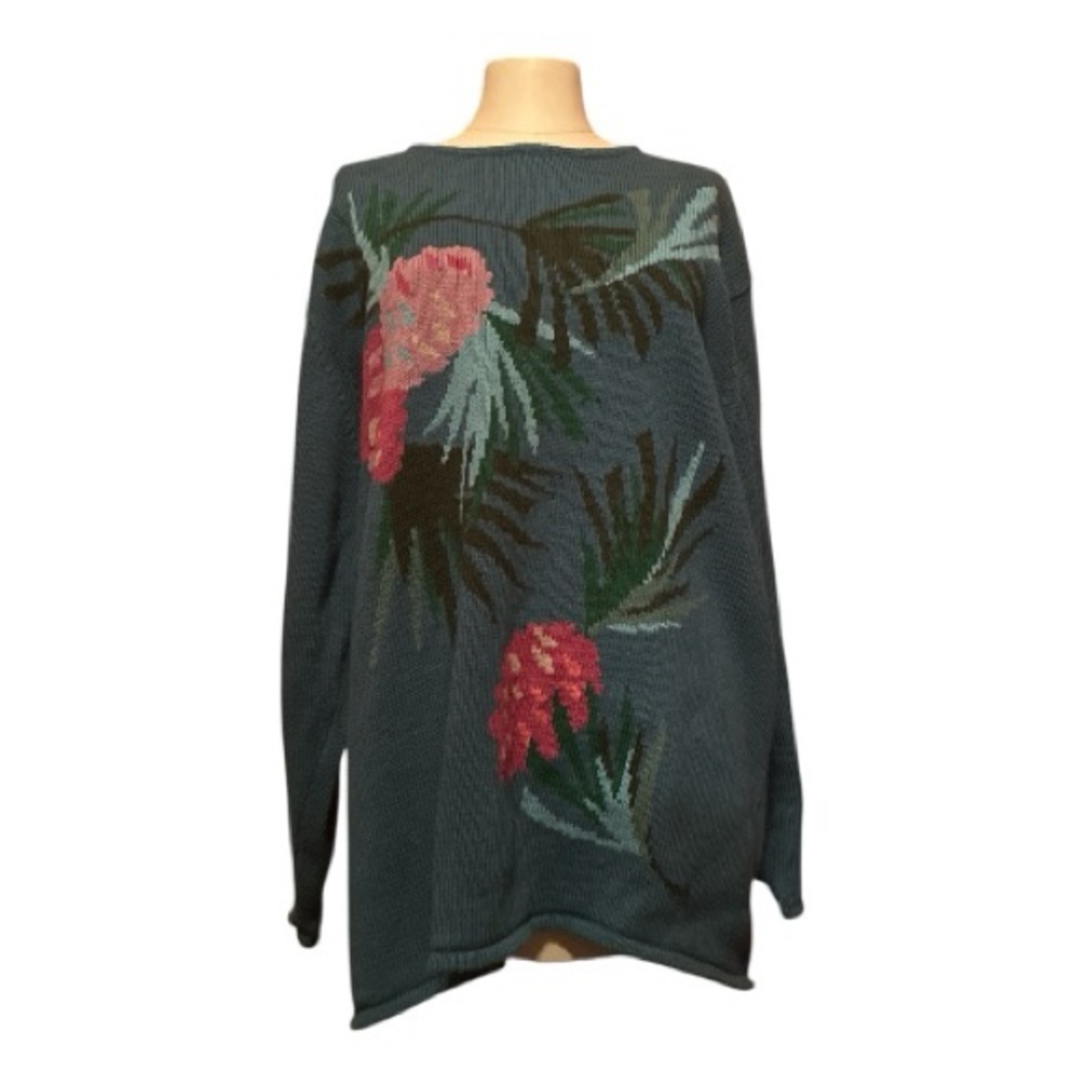 Belle Isle 2x Teal floral print long sleeve looseknit sweater